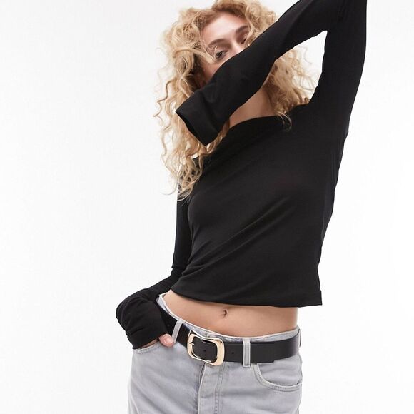 Topshop Clean Slash Neck Long Sleeve Too Black 0-2 NWT - Picture 2 of 6